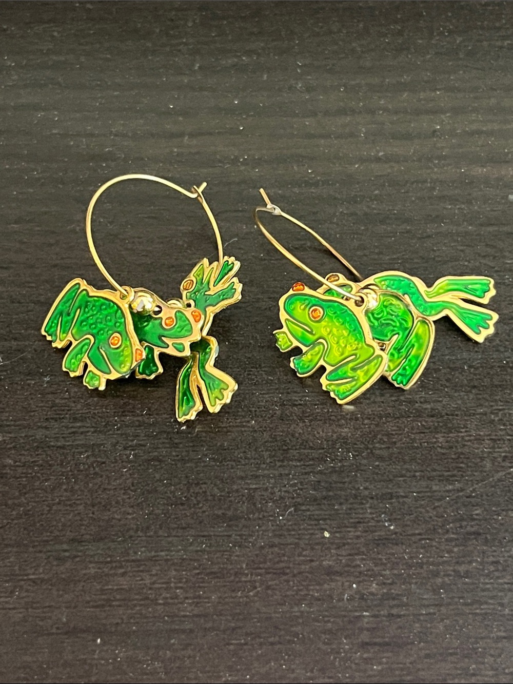 Gold Hoop Earrings with Green Enamel Frog Charms